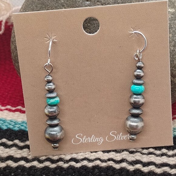Native Made Sterling Silver Navajo Pearl Turquoise Bead Dangle Earrings - Picture 1 of 3